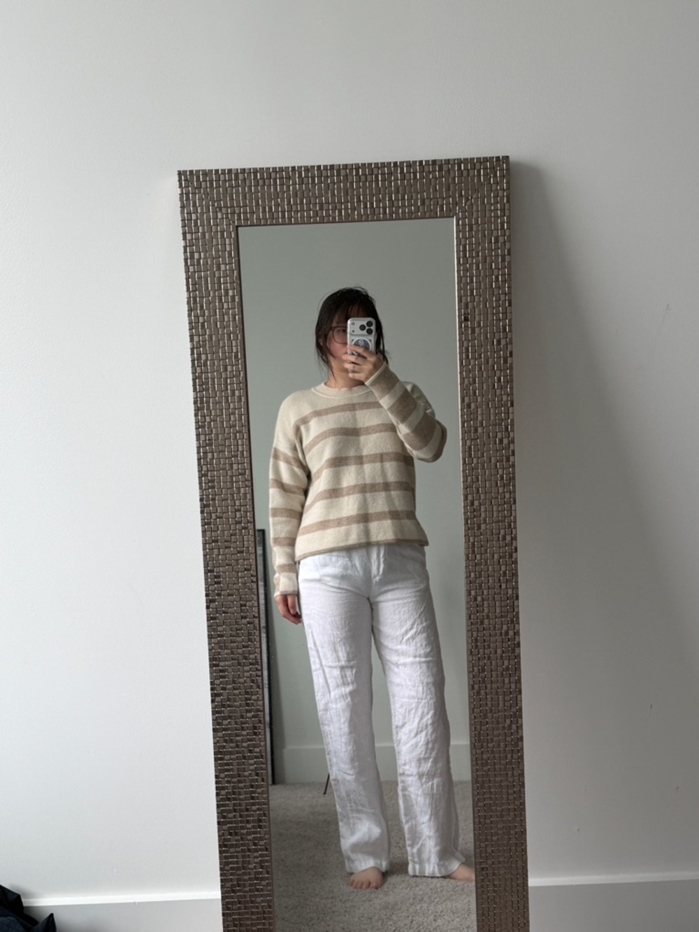 Cream & Beige Striped Cashmere Blend Knit Sweater